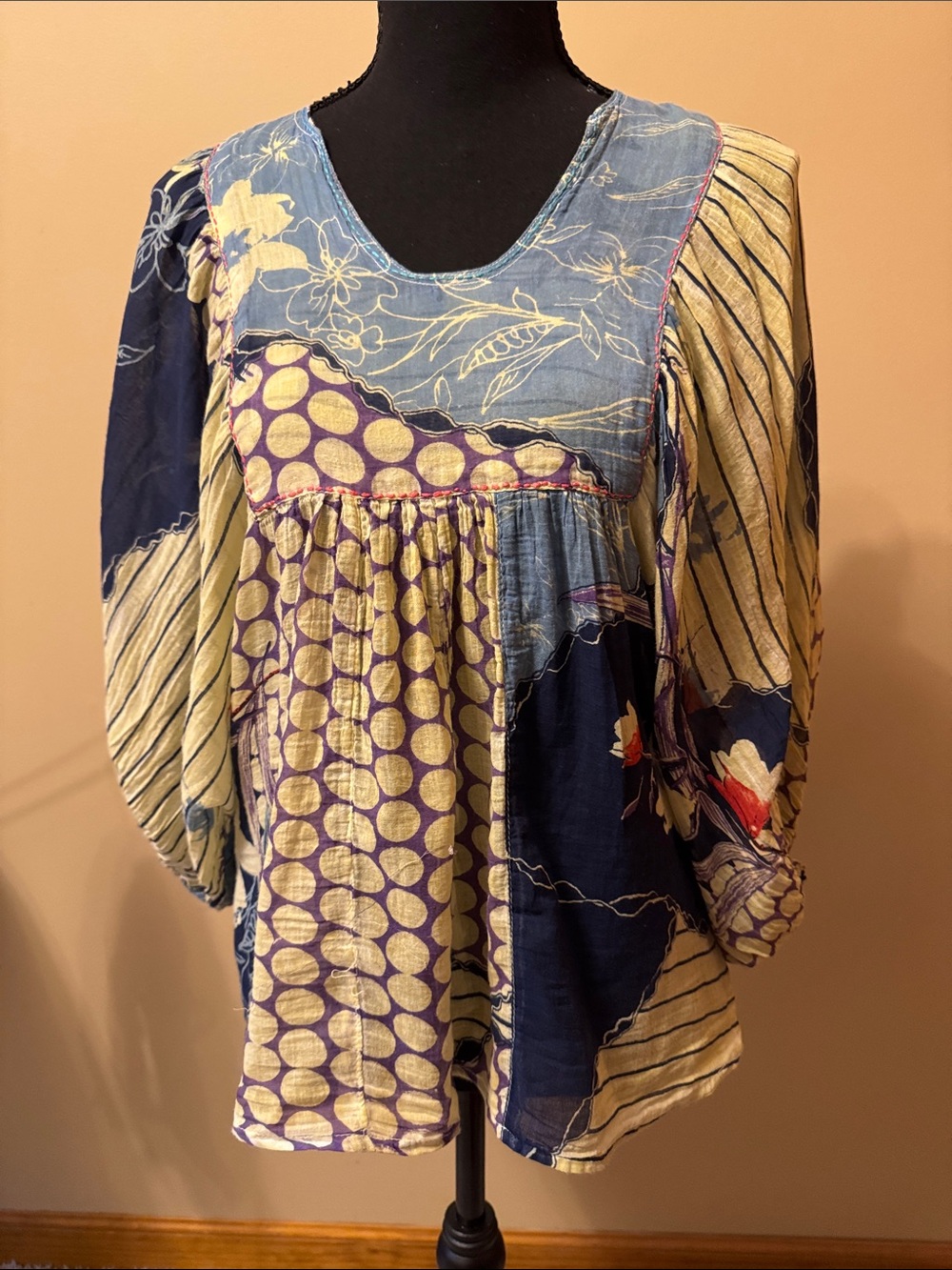 Patchwork Boho Tunic Top in Blue and Cream